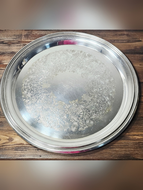 Wm Rogers Other - Wm Rogers Silverplate Tray 12” Round Ornate Engraved Vintage